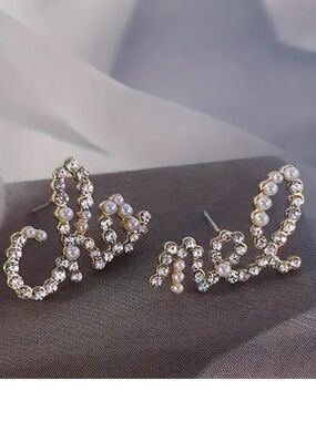 Crystal and Pearl Script Stud Earrings - Gold